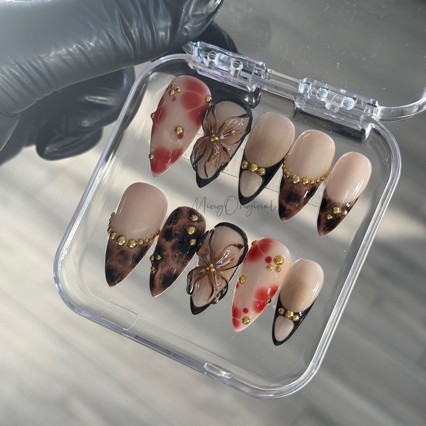 Firewood Garden Press On Nails, Handmade Tortoise Shell Nails with 3D Florals & Gold Details, Smoky Burnt Orange,Vacation gift for her,MO476