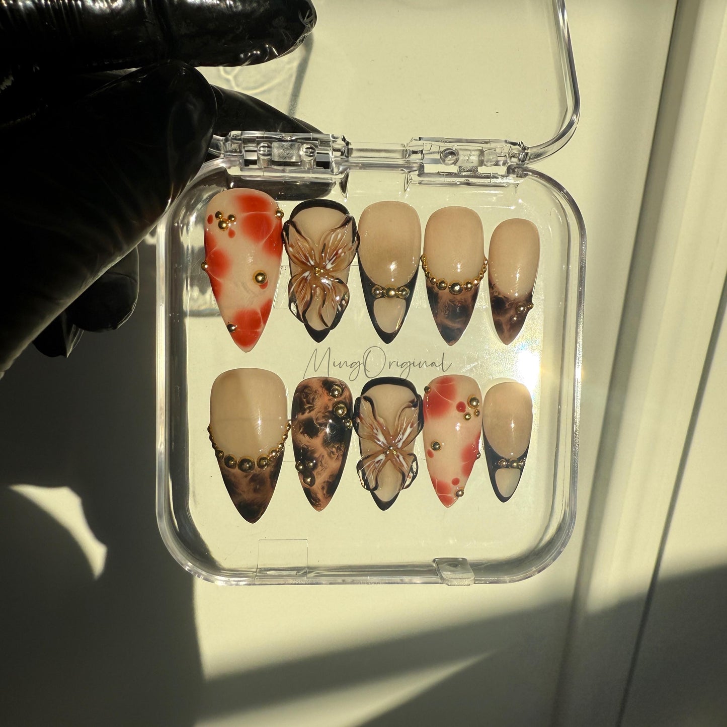Firewood Garden Press On Nails, Handmade Tortoise Shell Nails with 3D Florals & Gold Details, Smoky Burnt Orange,Vacation gift for her,MO476