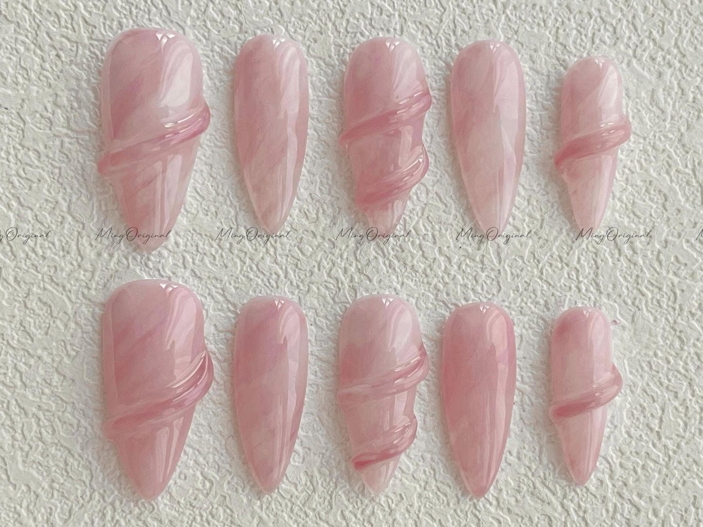 Da Rose quartz| 3D nail pink quartz white water blooming Press on Nails, luxury handmade Nails, Jelly Nails, gift for her, MO510