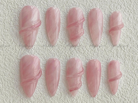 Da Rose quartz| 3D nail pink quartz white water blooming Press on Nails, luxury handmade Nails, Jelly Nails, gift for her, MO510