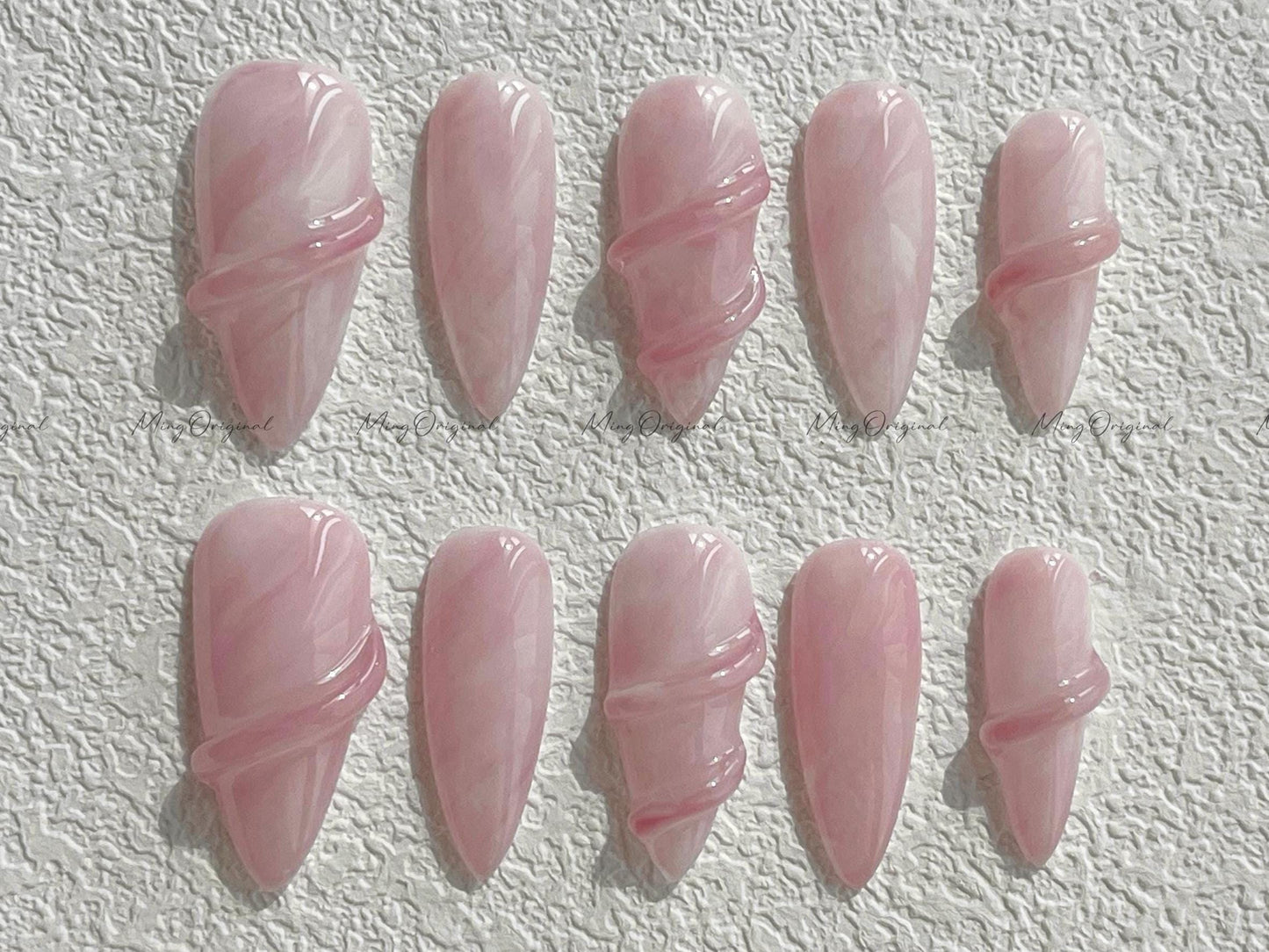 Da Rose quartz| 3D nail pink quartz white water blooming Press on Nails, luxury handmade Nails, Jelly Nails, gift for her, MO510