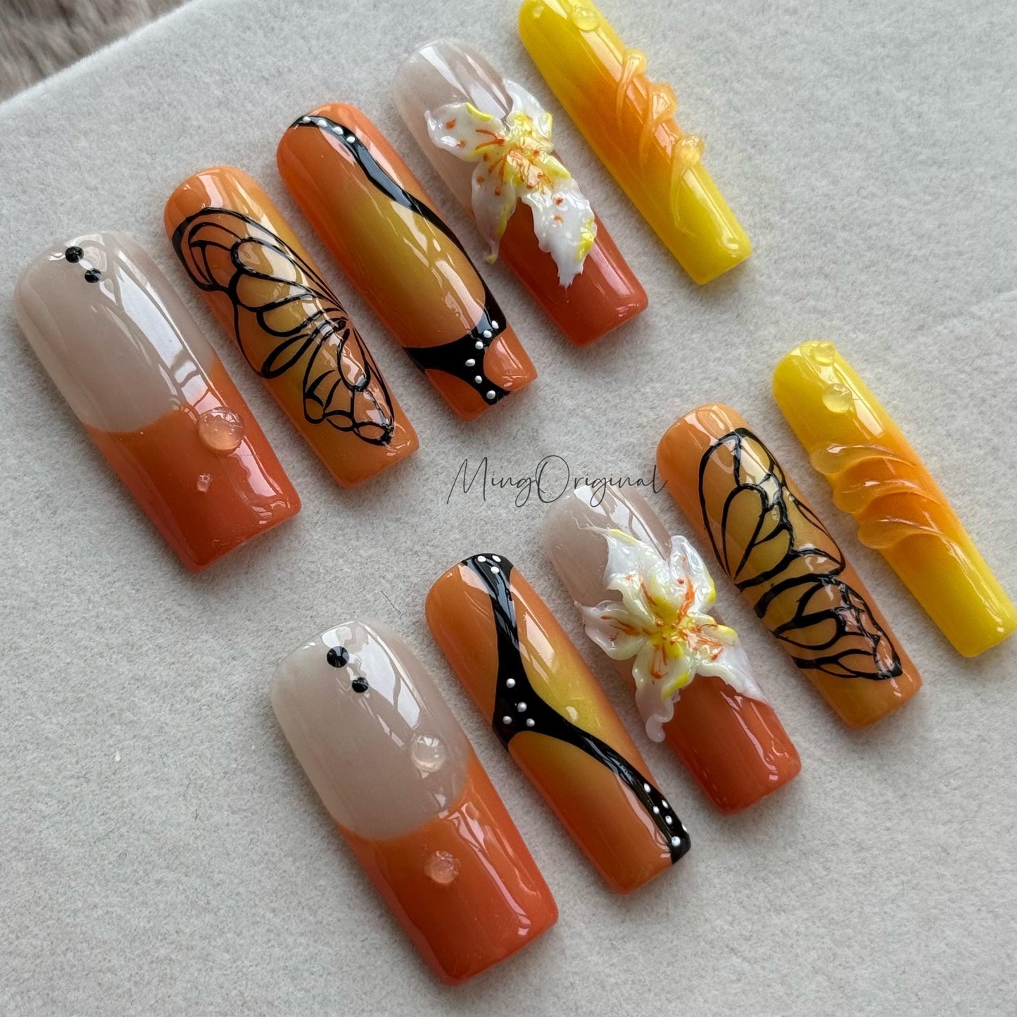 Sunset Tropical Press On Nails, Orange Yellow Ombre Nails with Butterfly Wings & 3D Flowers, Summer Nail Art, Vacation Gift for her,MO479
