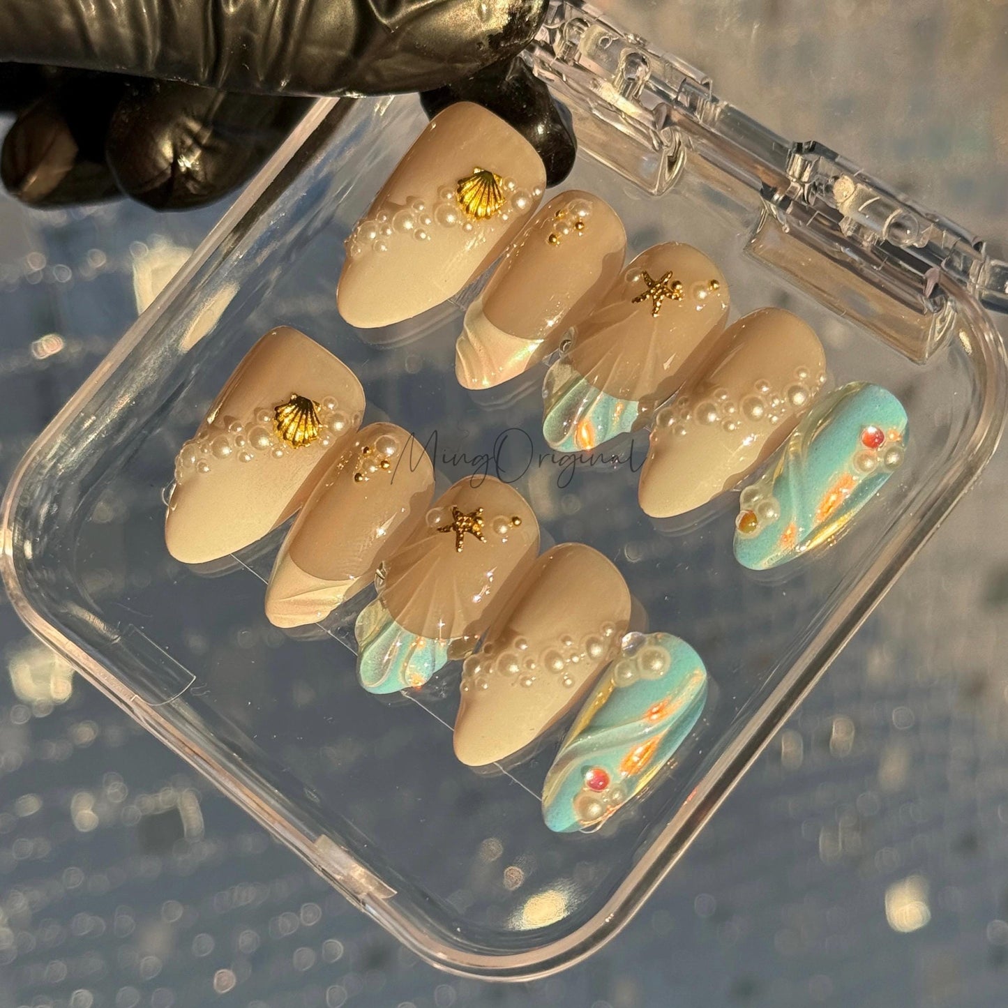 Shell Breeze| Mermaid Vibe Press On Nails, Seashells Pearl Starfish & 3d Swirls, Mermaid Summer Glue on Nail, Vacation Gift for Her MO480