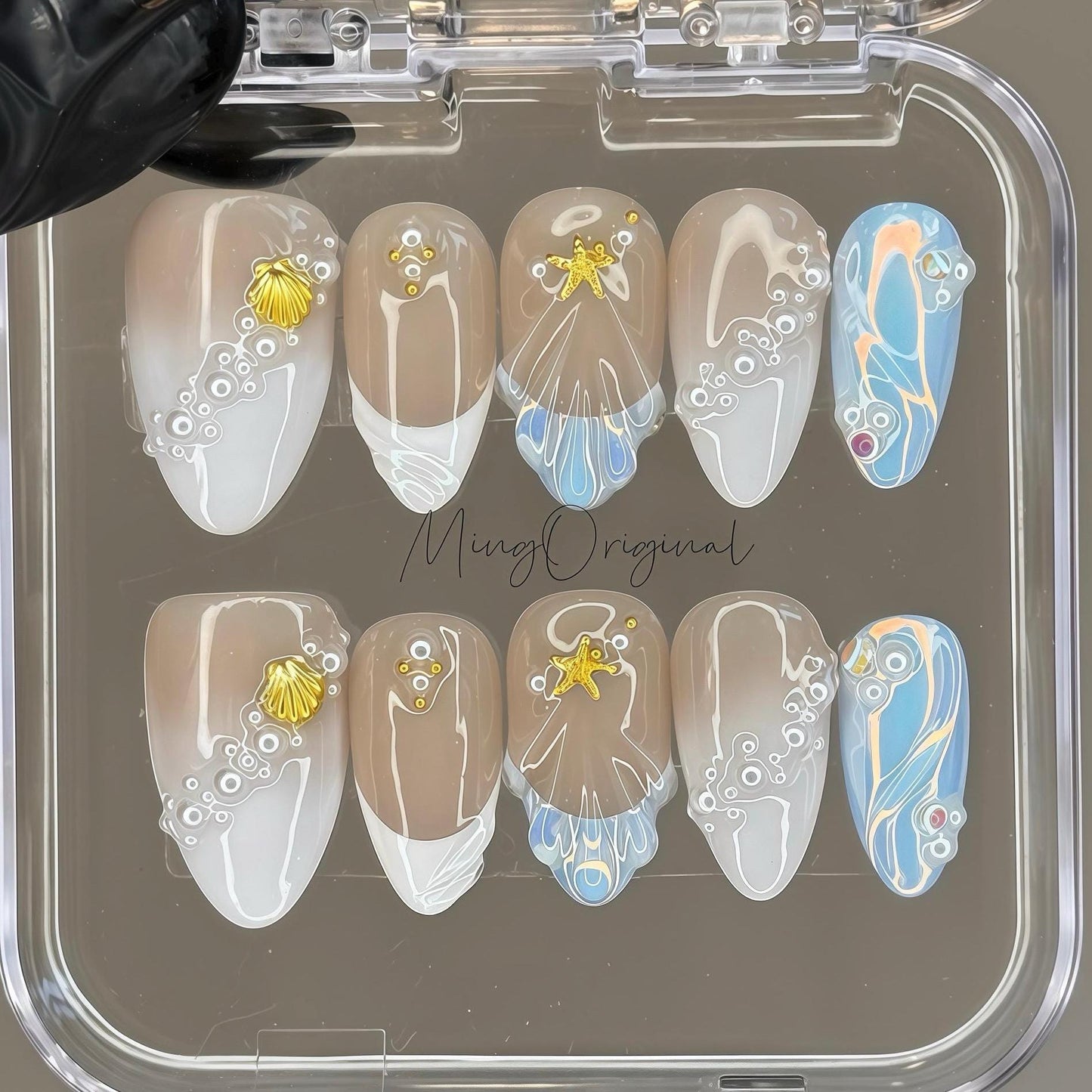 Shell Breeze| Mermaid Vibe Press On Nails, Seashells Pearl Starfish & 3d Swirls, Mermaid Summer Glue on Nail, Vacation Gift for Her MO480