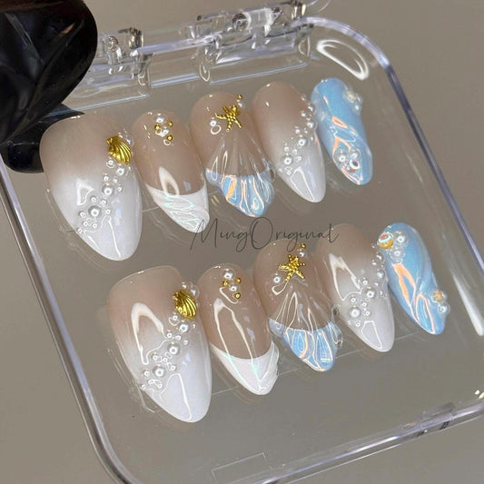 Shell Breeze| Mermaid Vibe Press On Nails, Seashells Pearl Starfish & 3d Swirls, Mermaid Summer Glue on Nail, Vacation Gift for Her MO480