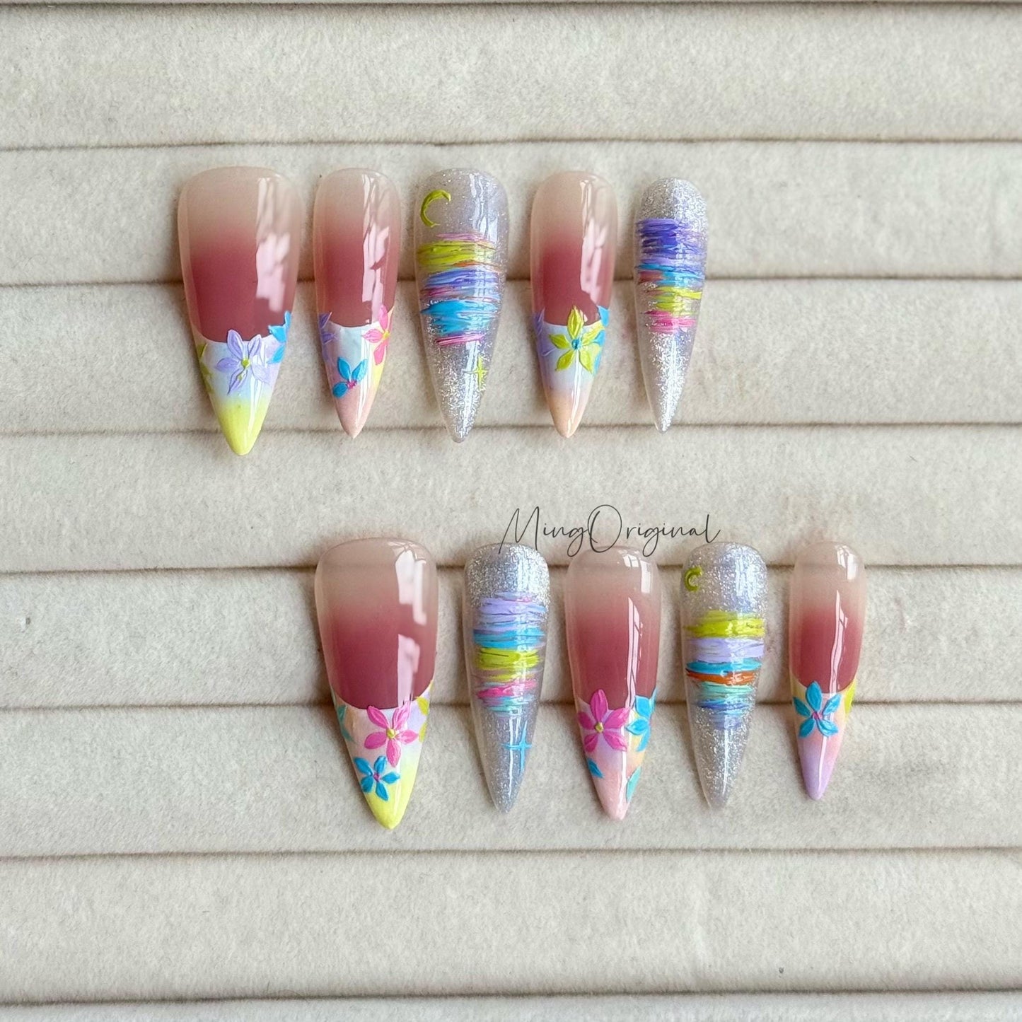 Tropical Daydream | vibrant tropical colorful press on nails, handmade floral nail, glitter ombre summer nails, vacation gift for her MO482