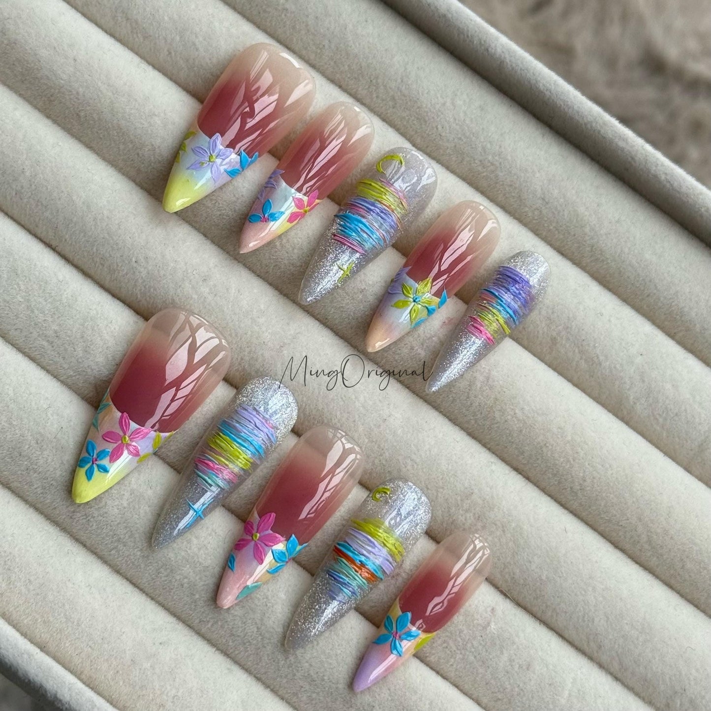 Tropical Daydream | vibrant tropical colorful press on nails, handmade floral nail, glitter ombre summer nails, vacation gift for her MO482