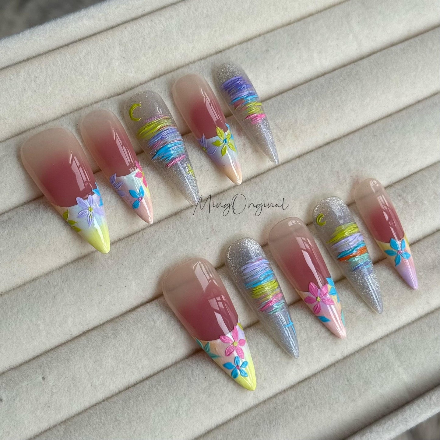 Tropical Daydream | vibrant tropical colorful press on nails, handmade floral nail, glitter ombre summer nails, vacation gift for her MO482