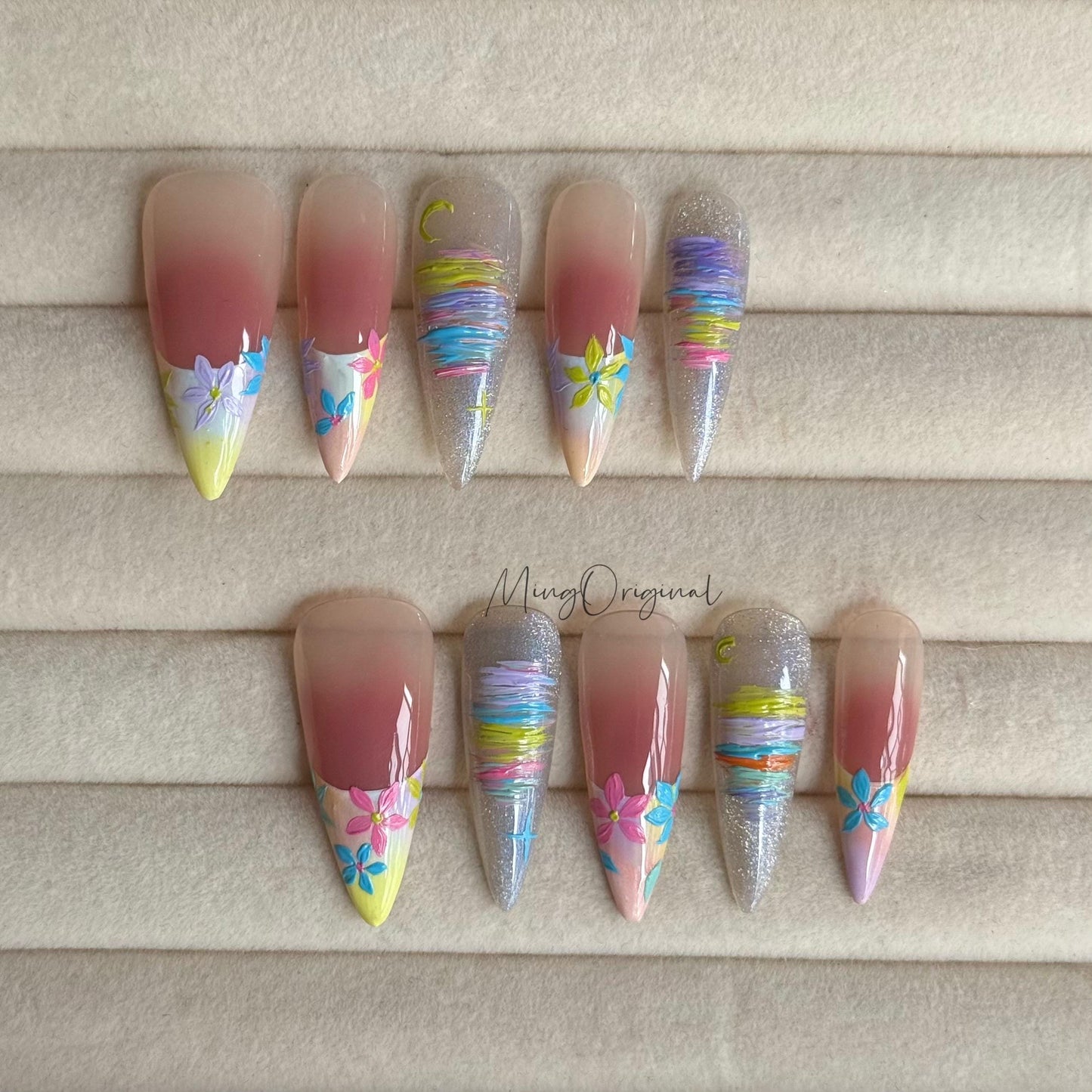 Tropical Daydream | vibrant tropical colorful press on nails, handmade floral nail, glitter ombre summer nails, vacation gift for her MO482