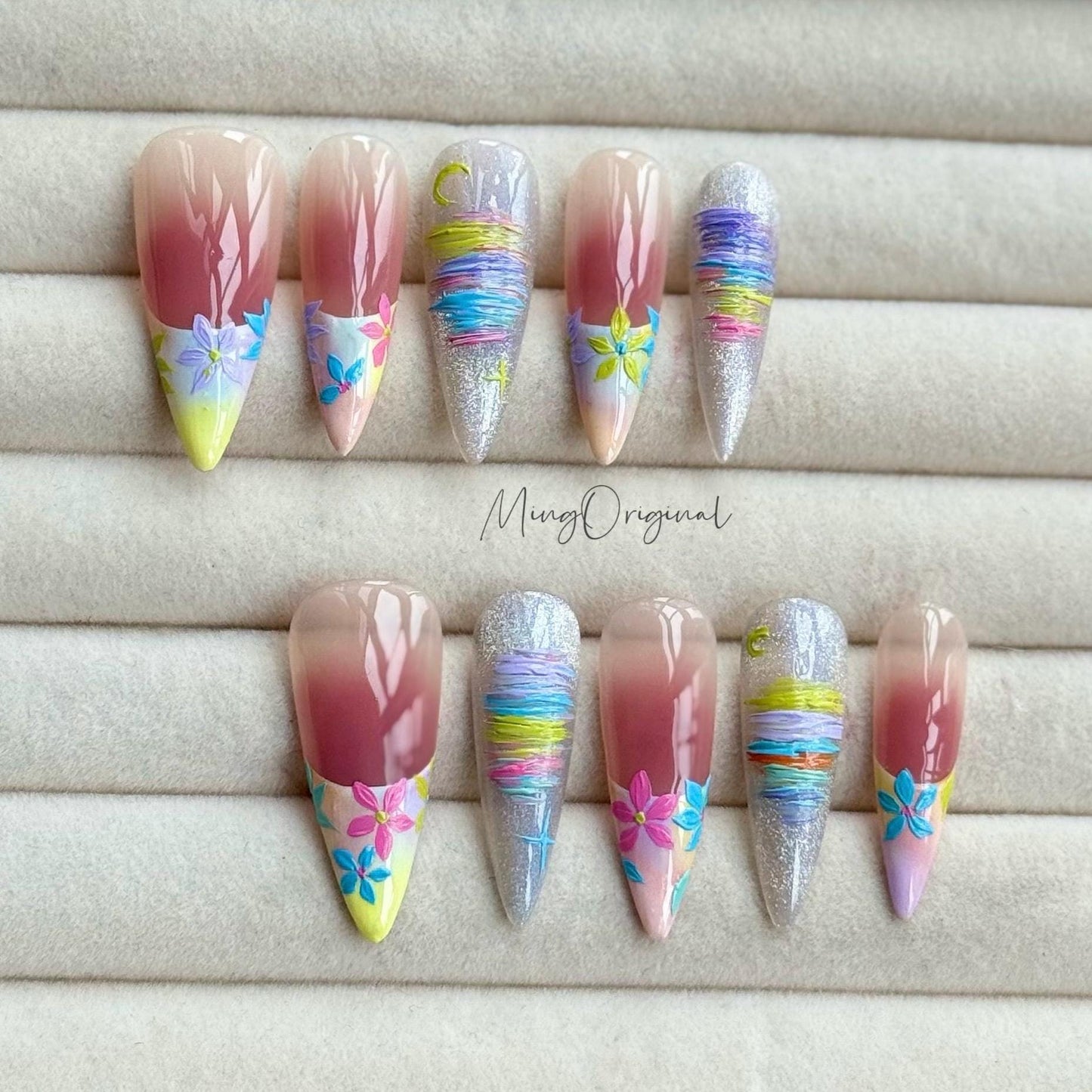Tropical Daydream | vibrant tropical colorful press on nails, handmade floral nail, glitter ombre summer nails, vacation gift for her MO482