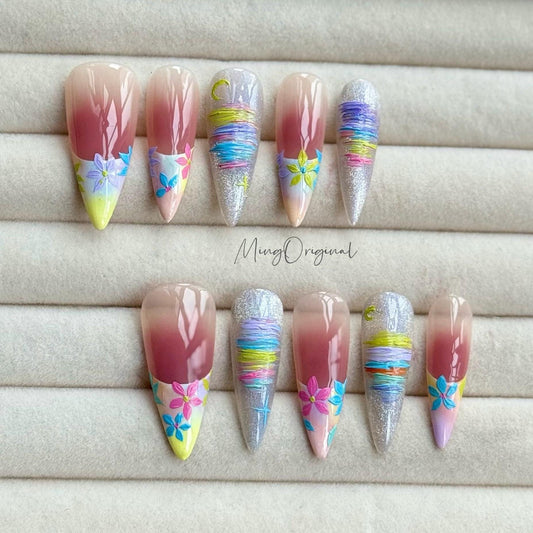 Tropical Daydream | vibrant tropical colorful press on nails, handmade floral nail, glitter ombre summer nails, vacation gift for her MO482