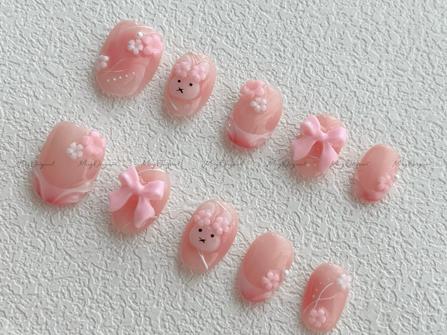 Cute 3d bunny and flower press on nail, soft pastel milky pink 3d swirls and bow nail, jelly fake nail, holiday birthday gift for her,MO513