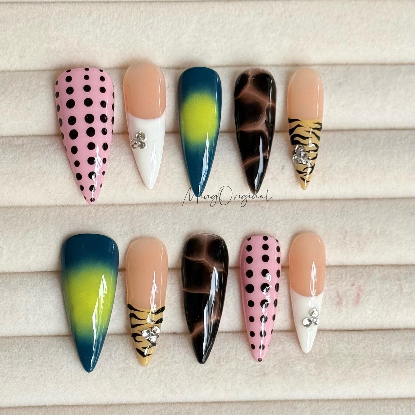 Wild Pop |  Animal print, neon ombré, pink polka dots, brown marble, rhinestones colorful summer vibe nails, vacation gift for her MO483