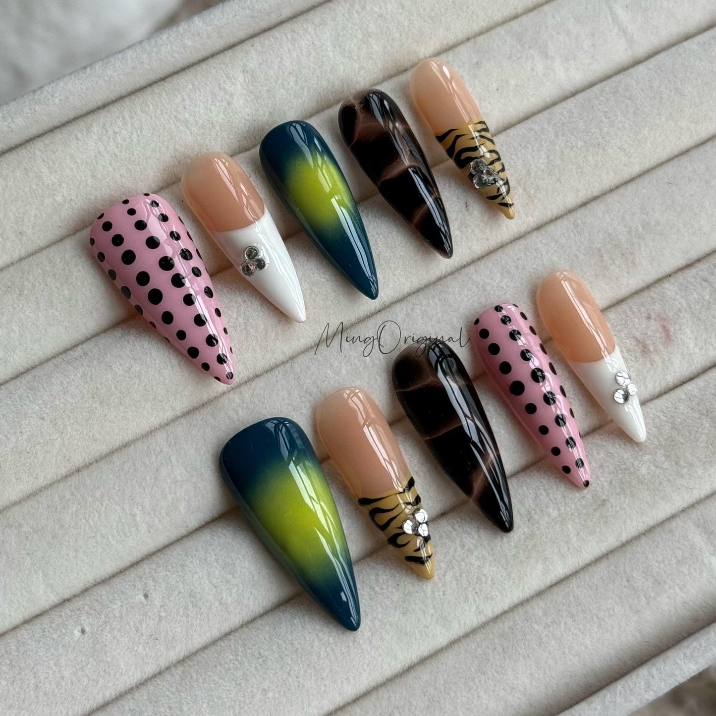 Wild Pop |  Animal print, neon ombré, pink polka dots, brown marble, rhinestones colorful summer vibe nails, vacation gift for her MO483