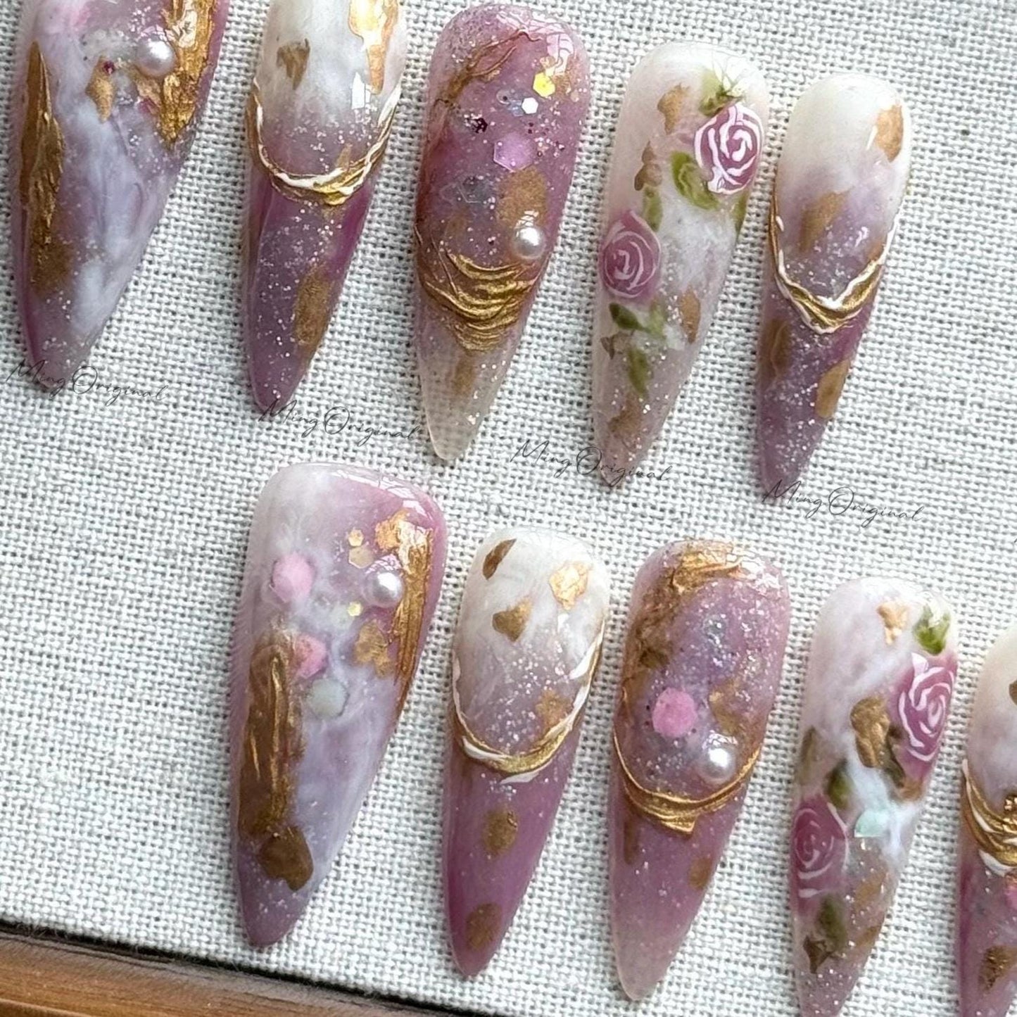 Mauve Dream elegant bejeweled purple flower handmade press on nails, rose gold chrome nails, marble nail art, pearl floral design, MO514