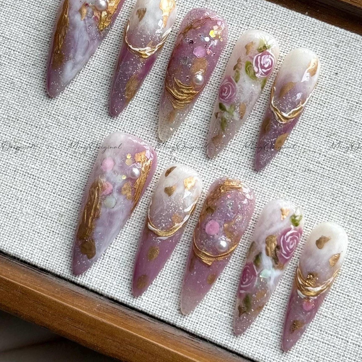 Mauve Dream elegant bejeweled purple flower handmade press on nails, rose gold chrome nails, marble nail art, pearl floral design, MO514