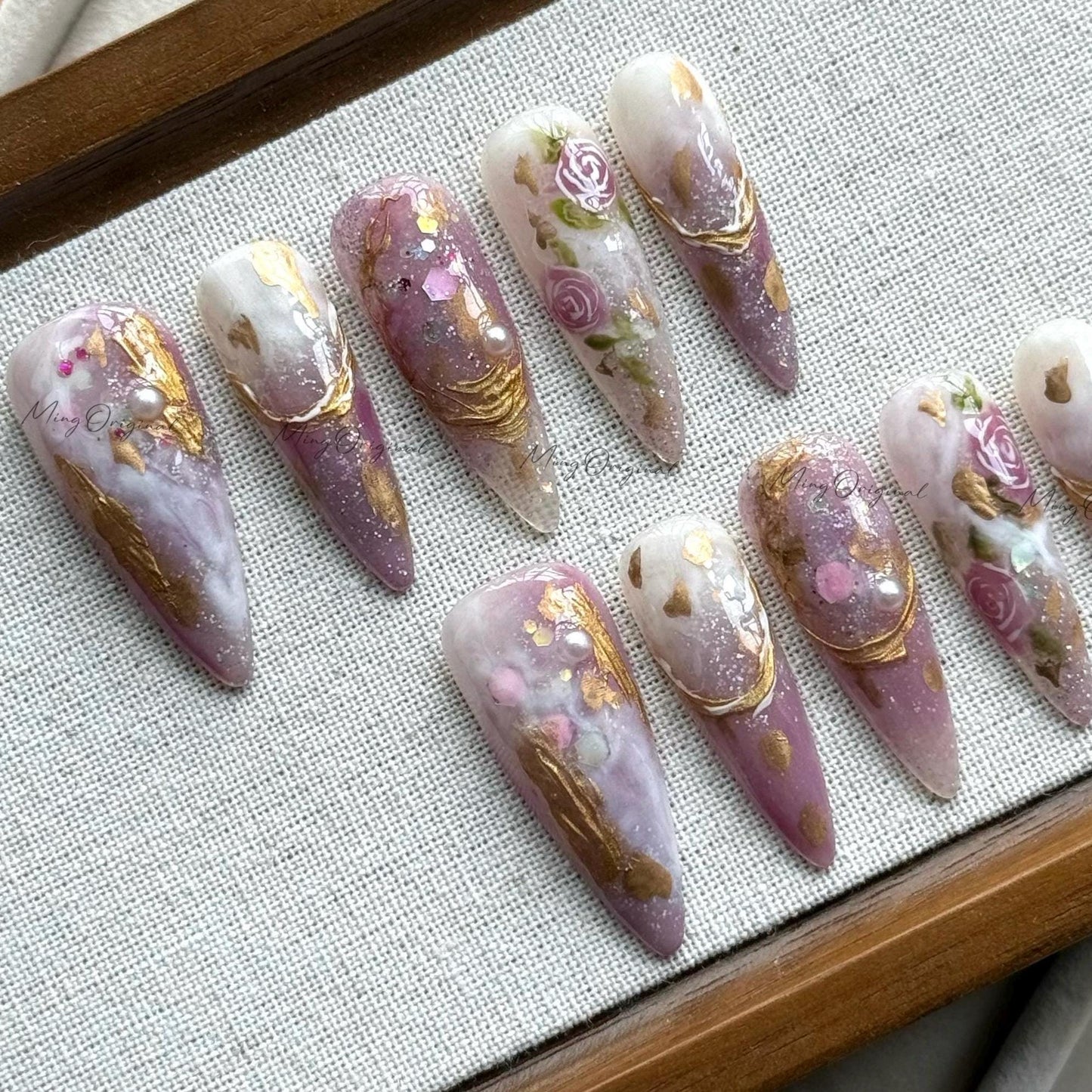 Mauve Dream elegant bejeweled purple flower handmade press on nails, rose gold chrome nails, marble nail art, pearl floral design, MO514