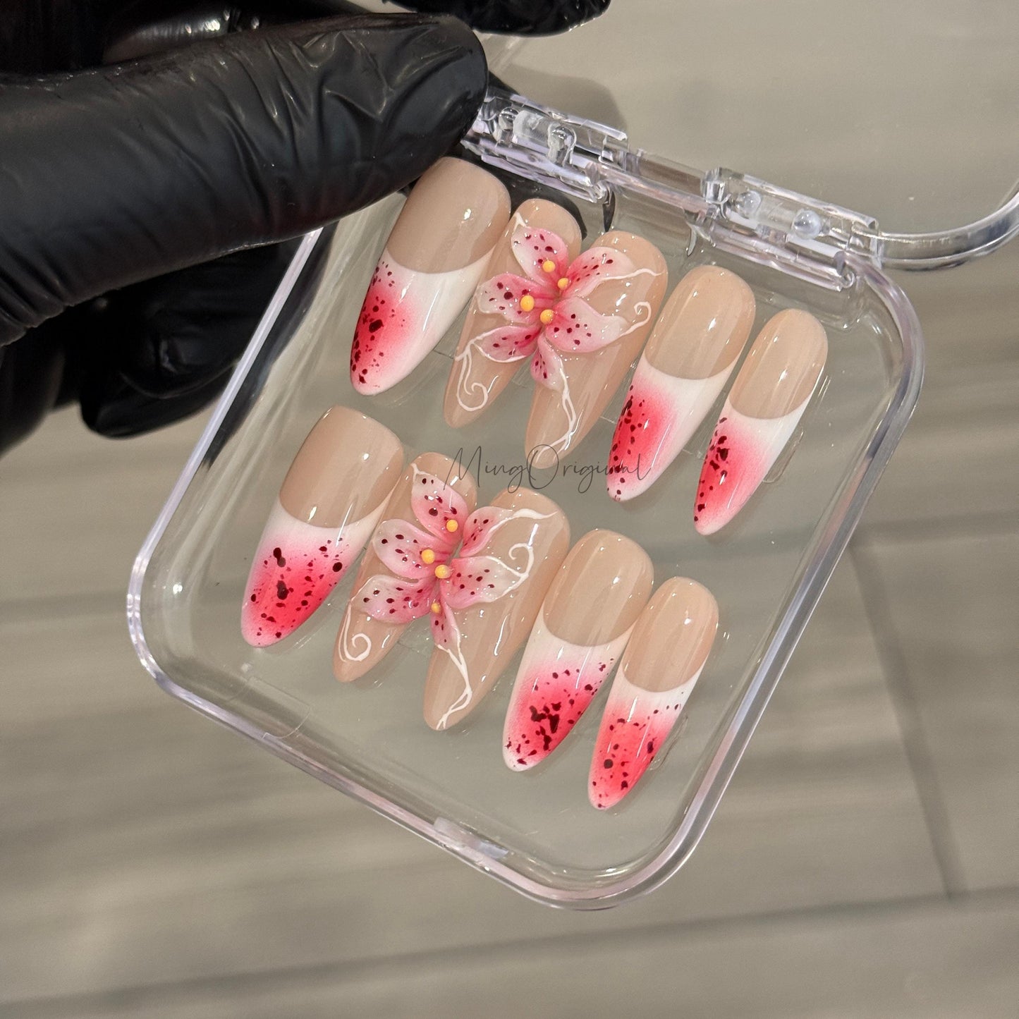 Pink Bloom | 3D pink lily flower press on nails,watermelon pink airbrush French ombré, fairycore floral design, vacation gift for her MO484