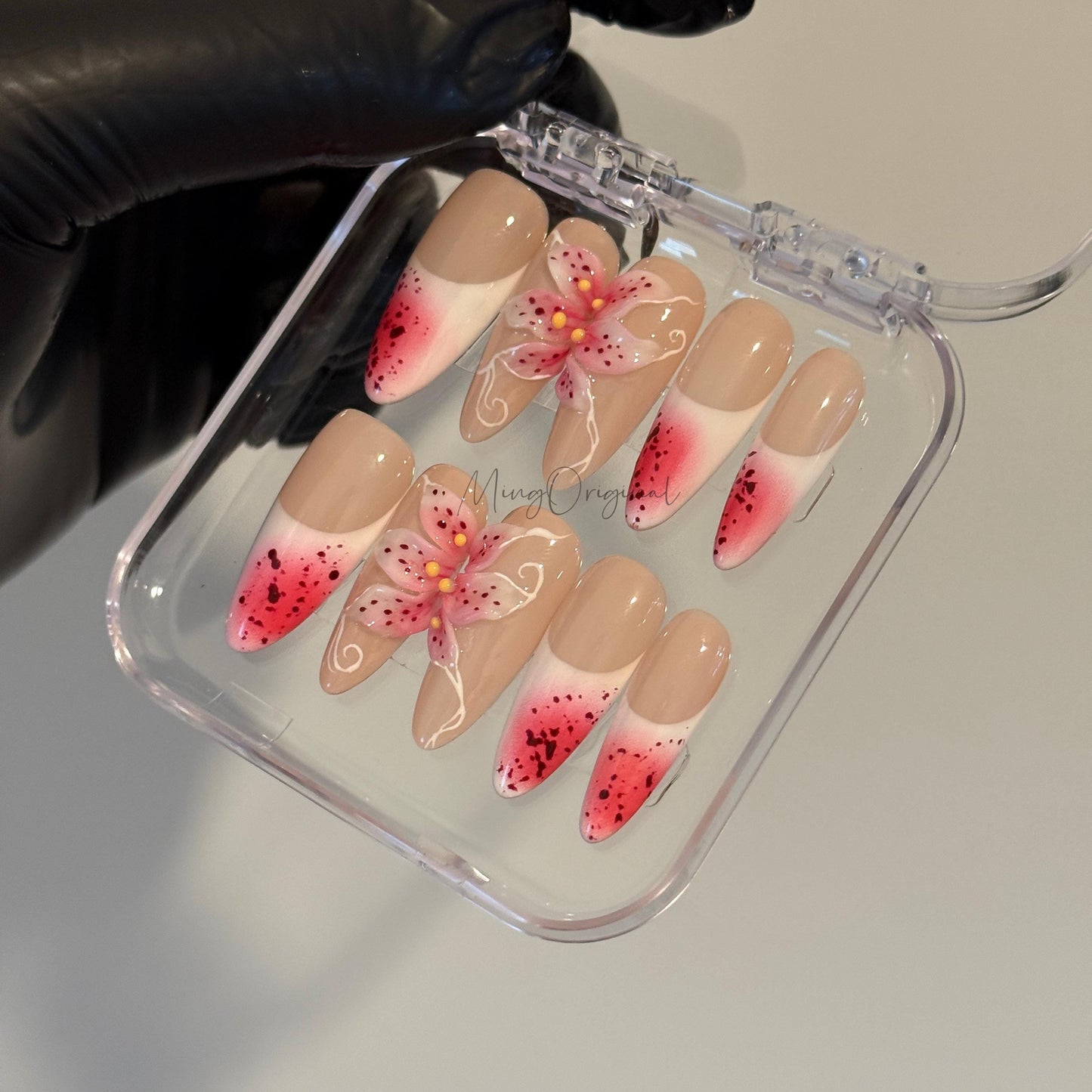 Pink Bloom | 3D pink lily flower press on nails,watermelon pink airbrush French ombré, fairycore floral design, vacation gift for her MO484