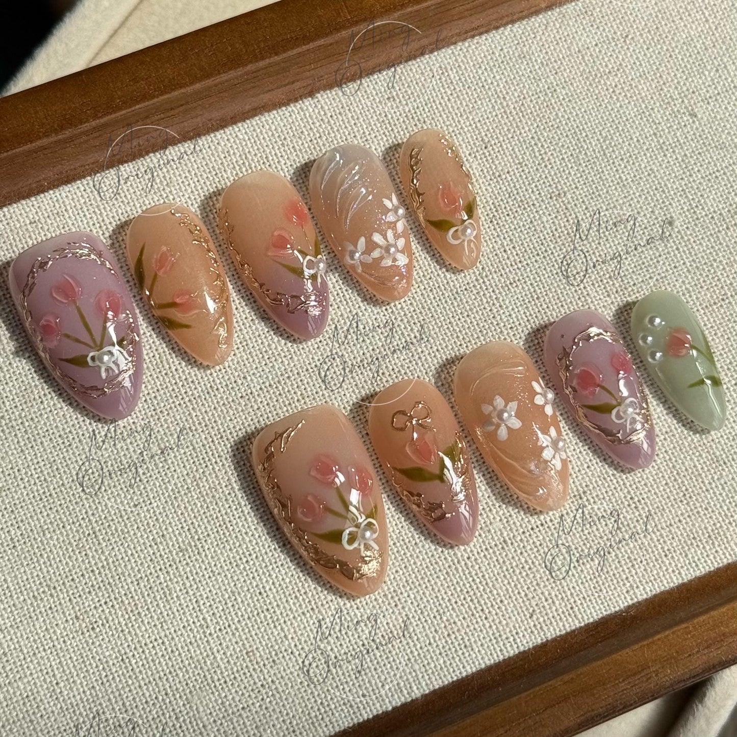 Pink Tulip Dreams | 3D Floral Press On Nails with Purple Ombre Tips and Hand-Painted Tulip Designs in Gold Detail Frame, gift for her MO486