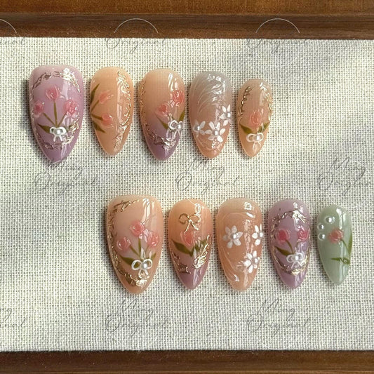 Pink Tulip Dreams | 3D Floral Press On Nails with Purple Ombre Tips and Hand-Painted Tulip Designs in Gold Detail Frame, gift for her MO486