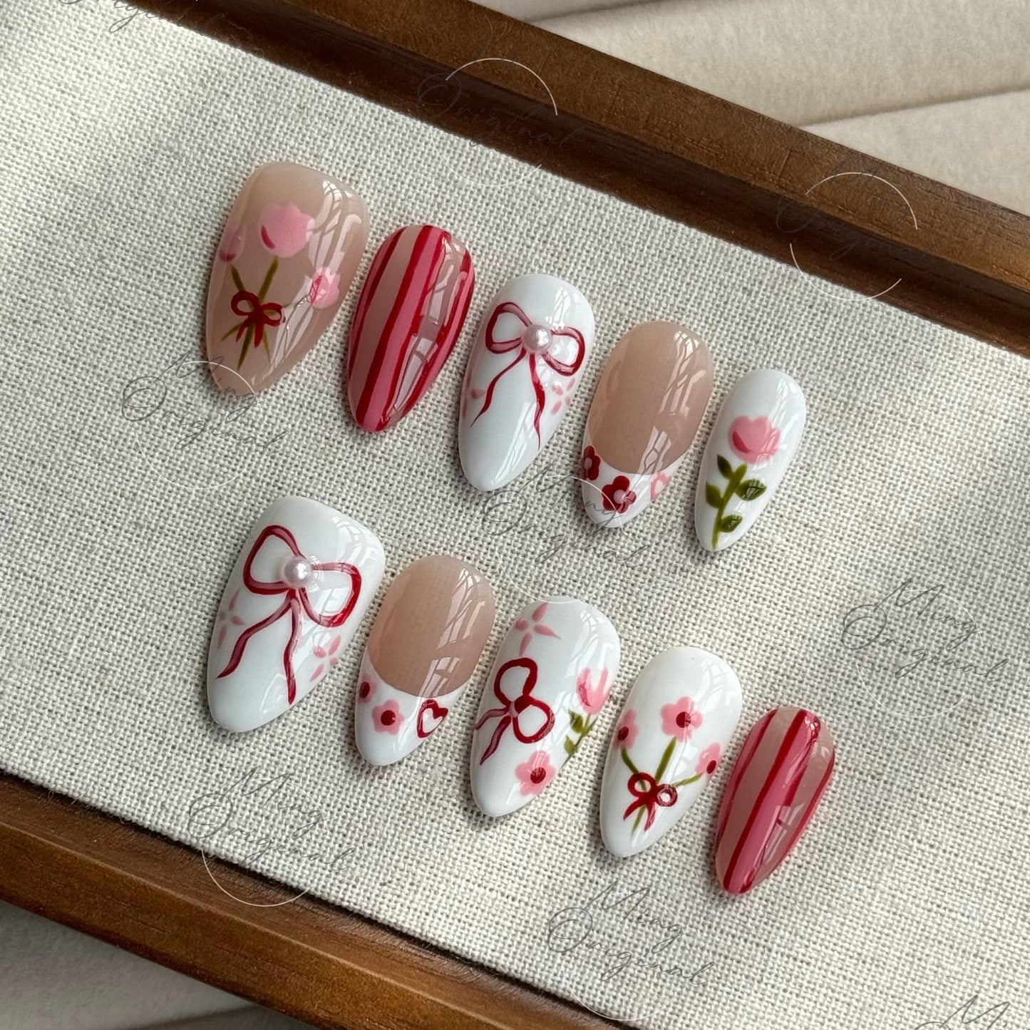 Sweet Tulip Garden | Floral press on nails, red bow nail art, pink flower designs, hand-painted, white and nude mix, gift for her, MO487