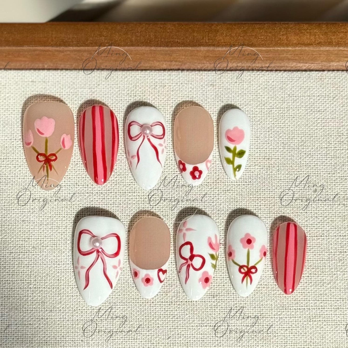 Sweet Tulip Garden | Floral press on nails, red bow nail art, pink flower designs, hand-painted, white and nude mix, gift for her, MO487