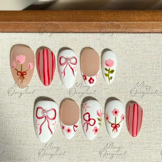 Sweet Tulip Garden | Floral press on nails, red bow nail art, pink flower designs, hand-painted, white and nude mix, gift for her, MO487