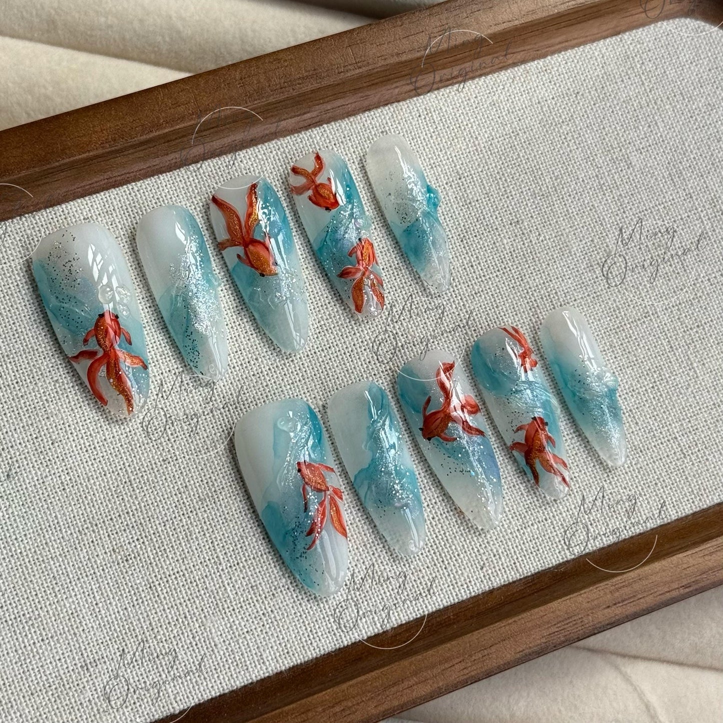 Koi Fish Press On Nails, Hand-painted water color goldfish nail art, reusable summer blue water swirl aquarium 3D nails,Vacation gift MO488