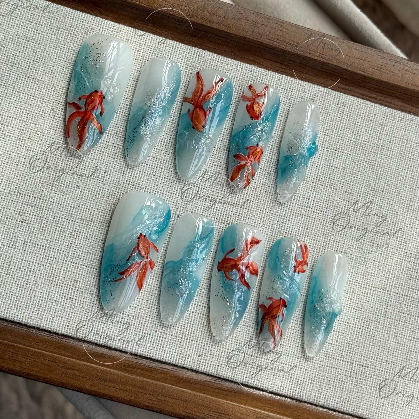 Koi Fish Press On Nails, Hand-painted water color goldfish nail art, reusable summer blue water swirl aquarium 3D nails,Vacation gift MO488