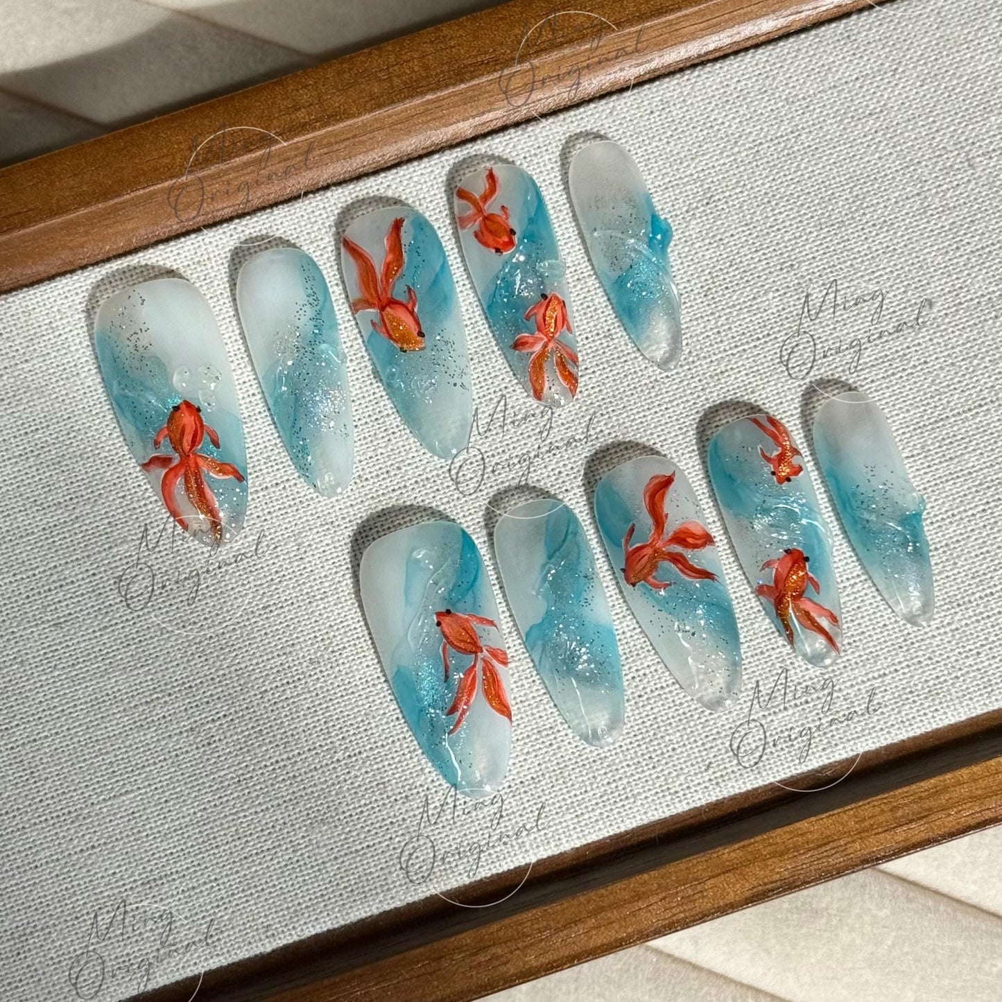 Koi Fish Press On Nails, Hand-painted water color goldfish nail art, reusable summer blue water swirl aquarium 3D nails,Vacation gift MO488