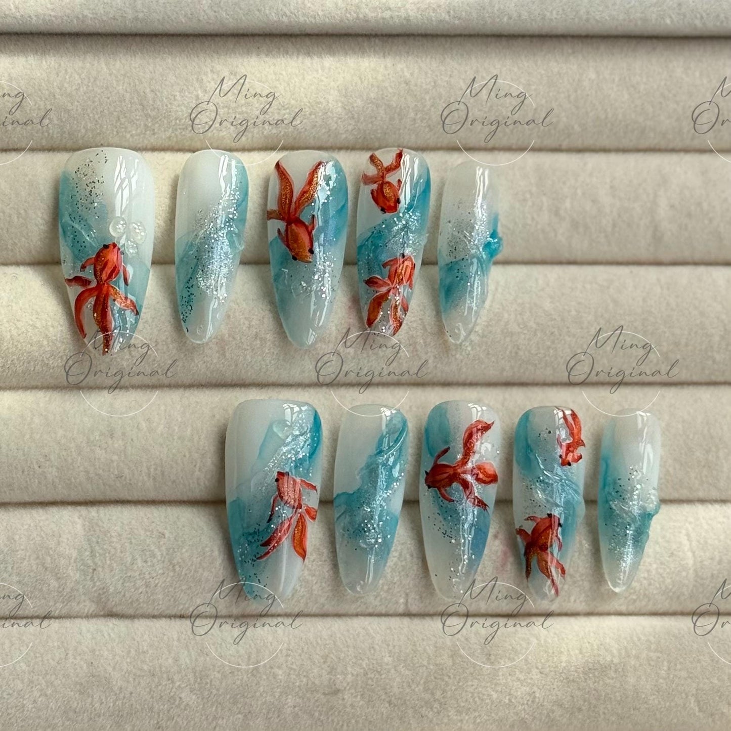 Koi Fish Press On Nails, Hand-painted water color goldfish nail art, reusable summer blue water swirl aquarium 3D nails,Vacation gift MO488