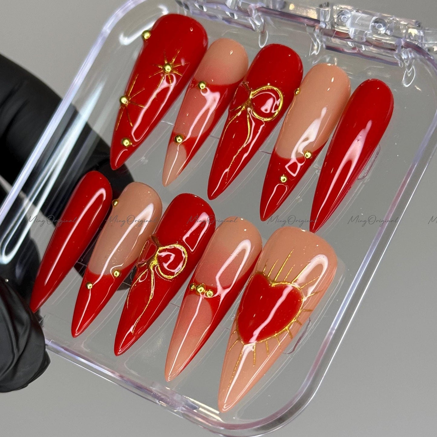 Festival romance gilded heart bow coquette Press on Nails, 3d gold detail Nails, glue on nail, birthday holiday gift for her MO388