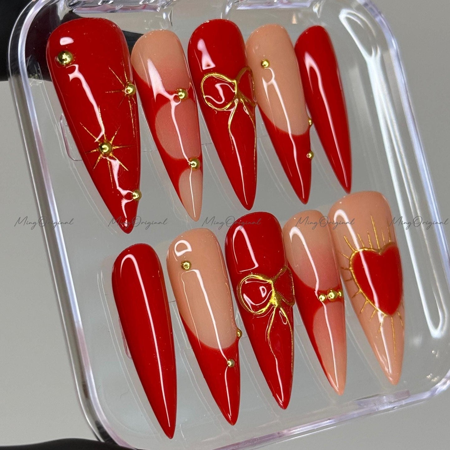 Festival romance gilded heart bow coquette Press on Nails, 3d gold detail Nails, glue on nail, birthday holiday gift for her MO388