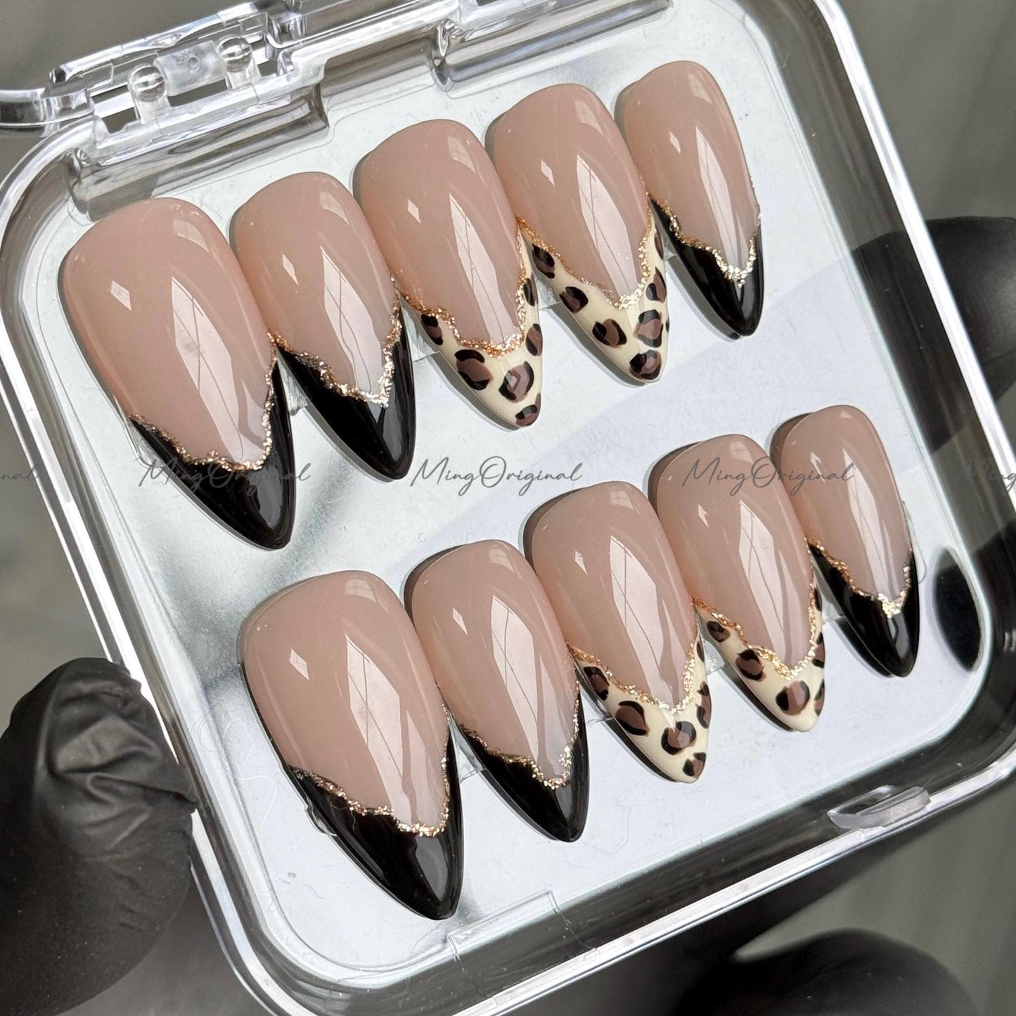 Simple Leopard Gold Line French Tip Press on Nails, animal print fake nails, black French glue on nail, holiday birthday gift for her,MO438