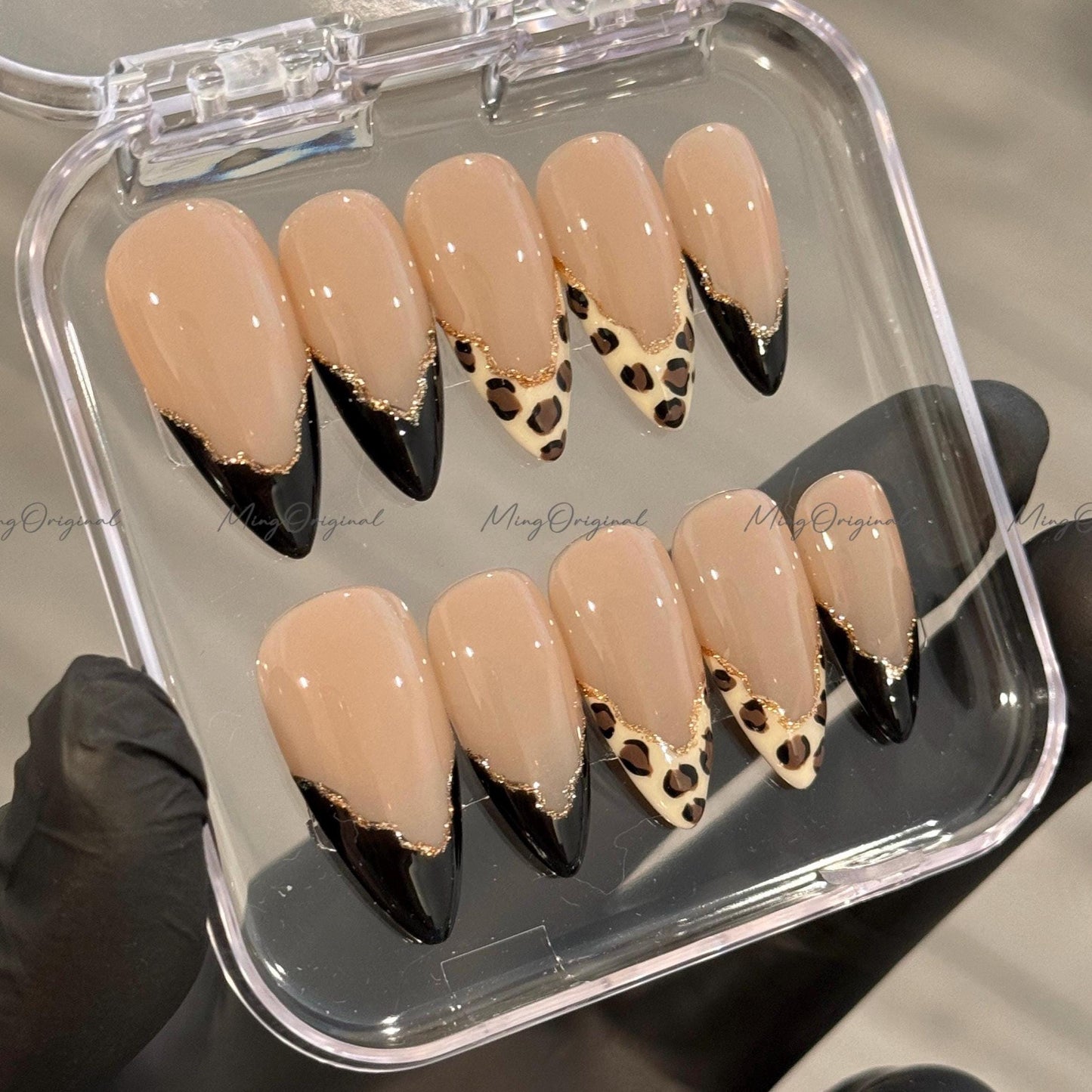 Simple Leopard Gold Line French Tip Press on Nails, animal print fake nails, black French glue on nail, holiday birthday gift for her,MO438