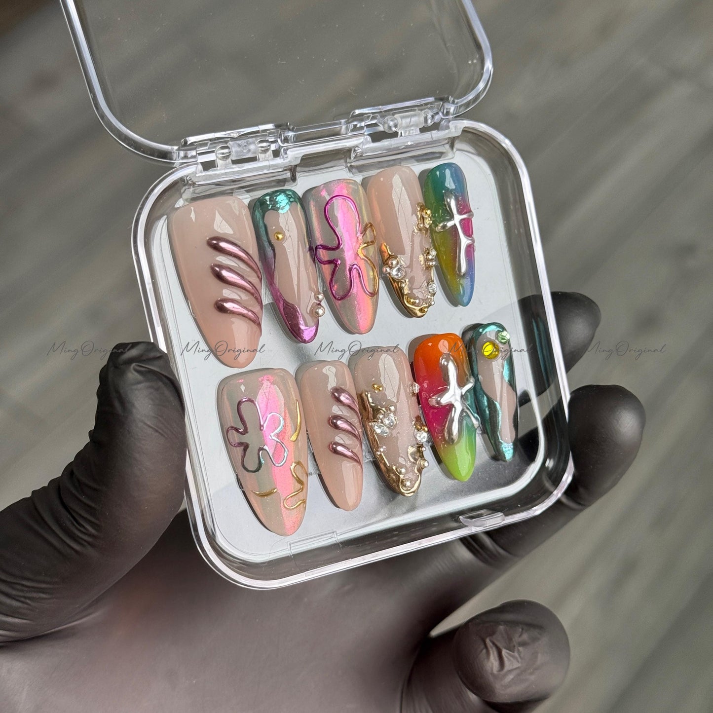 Enchanted forest mystery flower press on nail, multicolor free style chrome nail, 3d jelly fake nail, holiday birthday gift for her,MO346