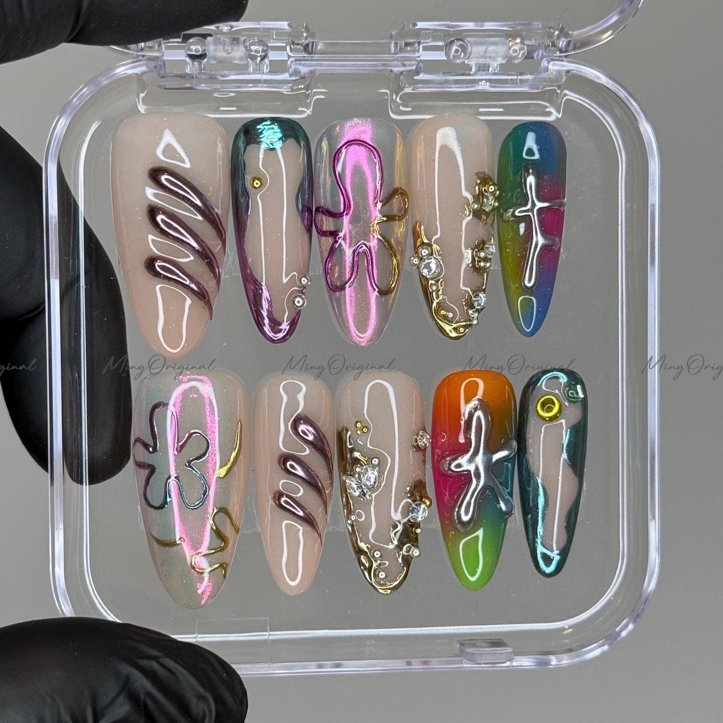 Enchanted forest mystery flower press on nail, multicolor free style chrome nail, 3d jelly fake nail, holiday birthday gift for her,MO346