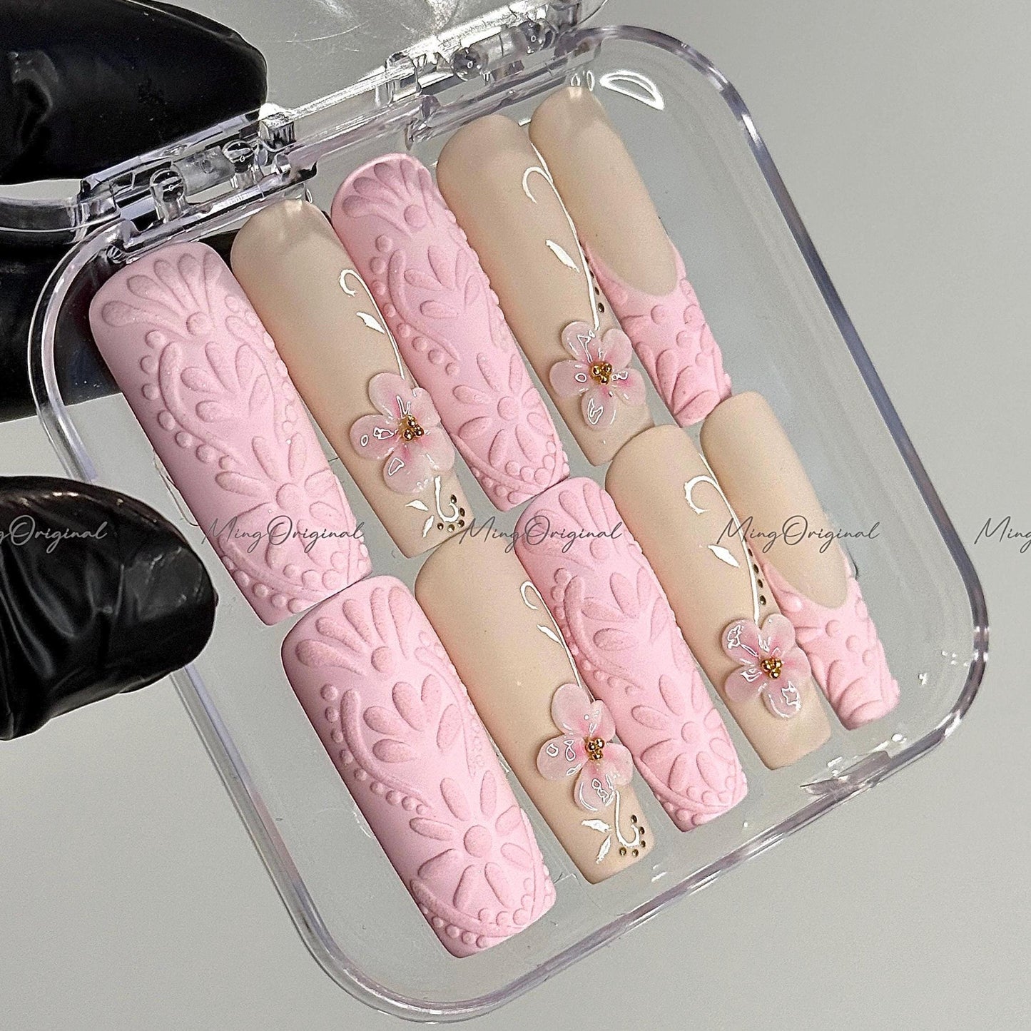 Love in Blossom Pink 3d floral Press on Nails, Romantic Textured Pink patchwork with Handcrafted Flowers, Perfect gift for her MO413