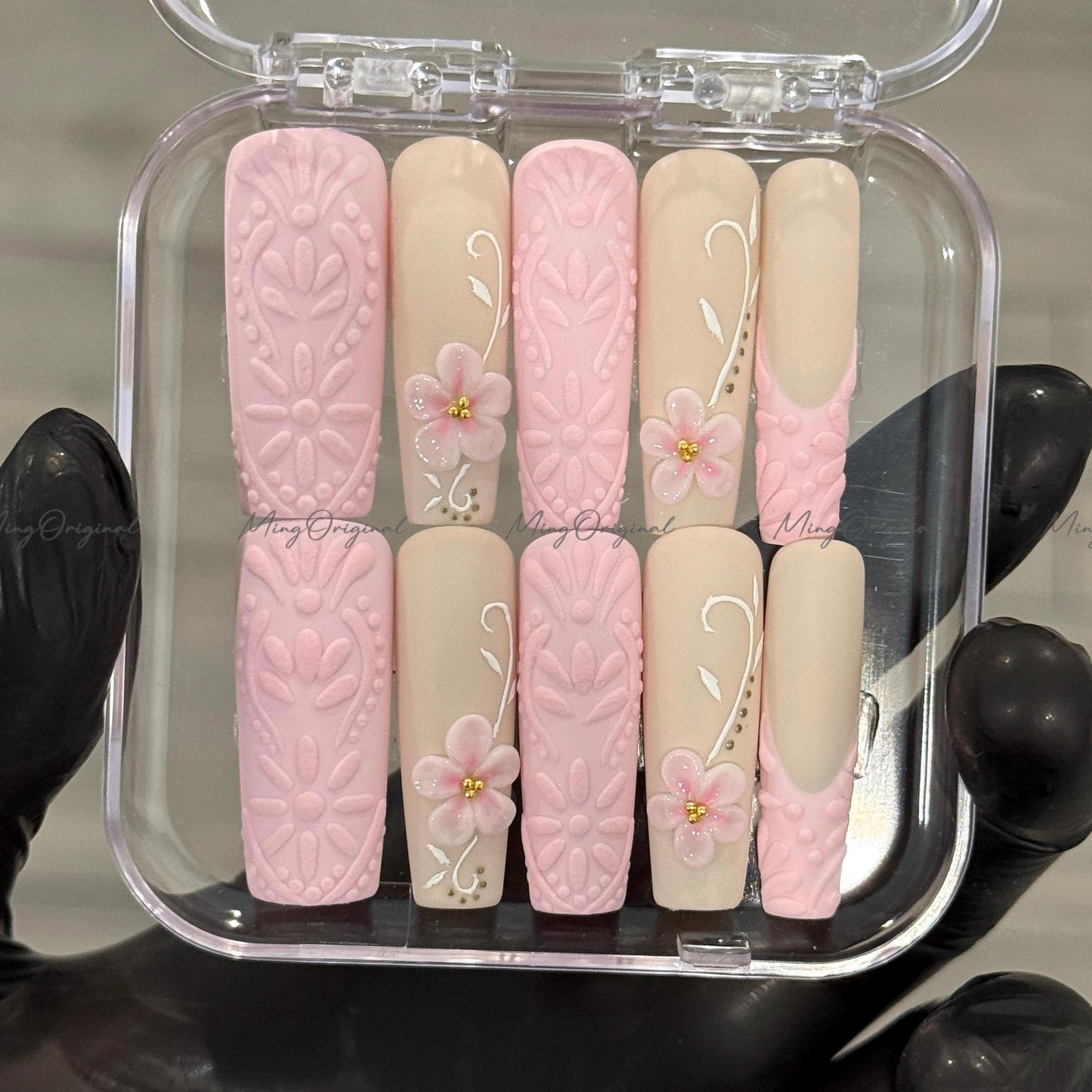 Love in Blossom Pink 3d floral Press on Nails, Romantic Textured Pink patchwork with Handcrafted Flowers, Perfect gift for her MO413