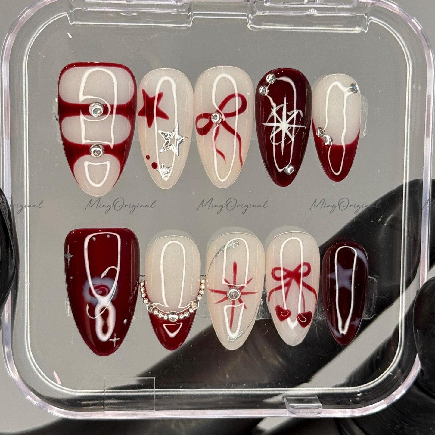 Red bow coquette and star Press on Nails, chrome free style handmade glue on Nails, birthday holiday gift for her, MO420