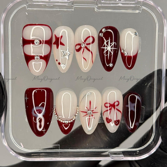 Red bow coquette and star Press on Nails, chrome free style handmade glue on Nails, birthday holiday gift for her, MO420