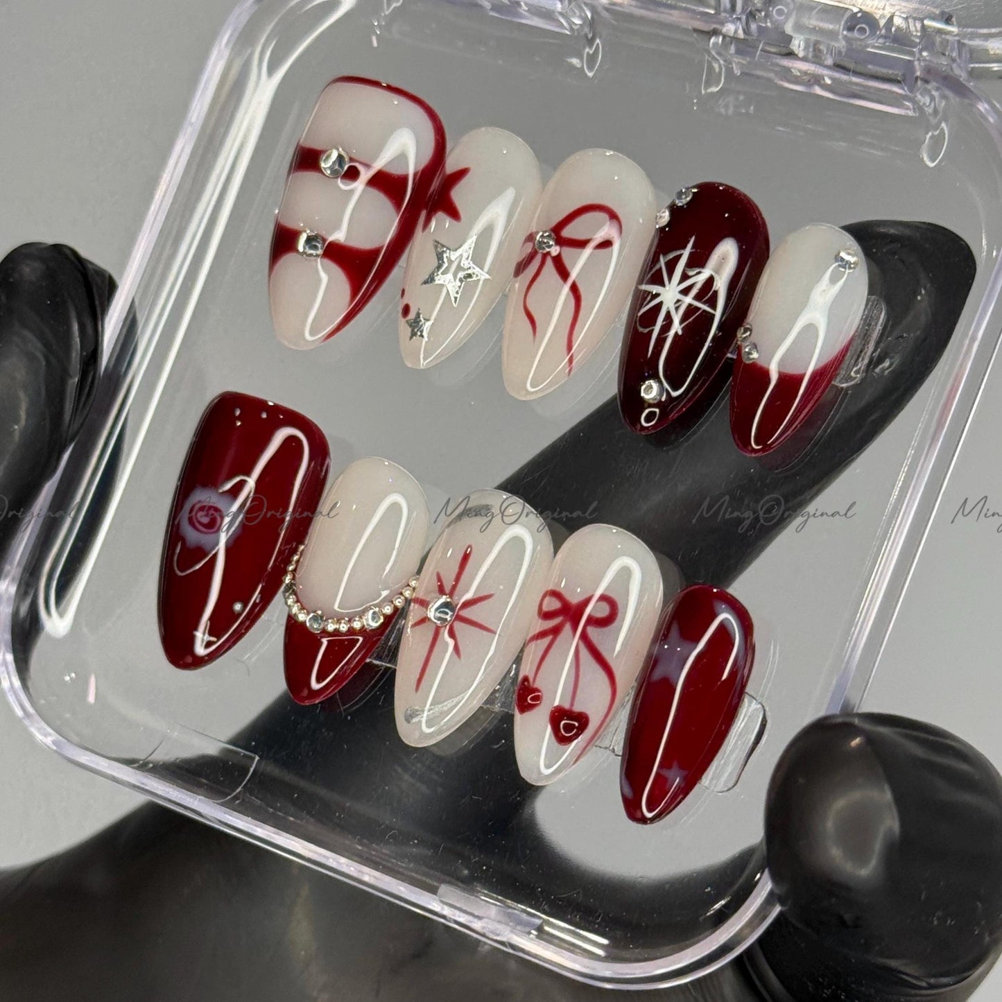 Red bow coquette and star Press on Nails, chrome free style handmade glue on Nails, birthday holiday gift for her, MO420