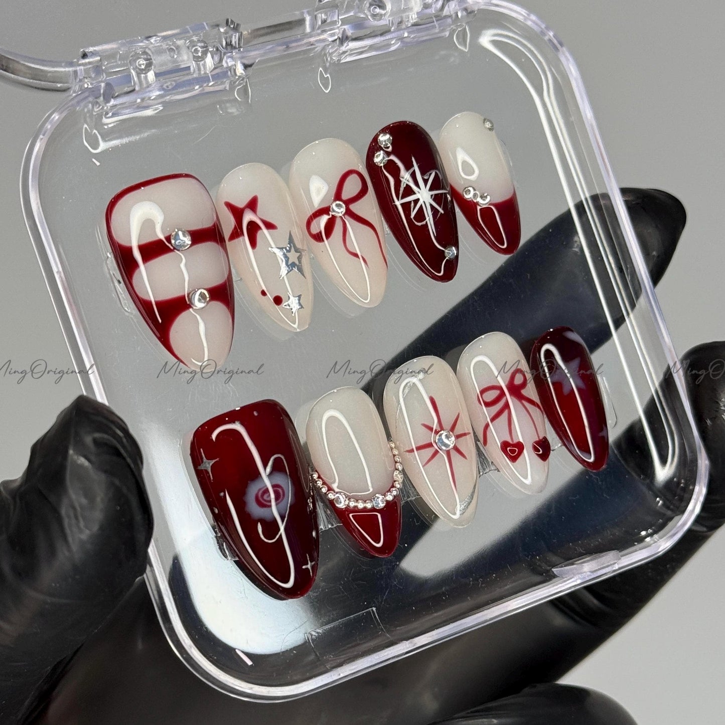 Red bow coquette and star Press on Nails, chrome free style handmade glue on Nails, birthday holiday gift for her, MO420