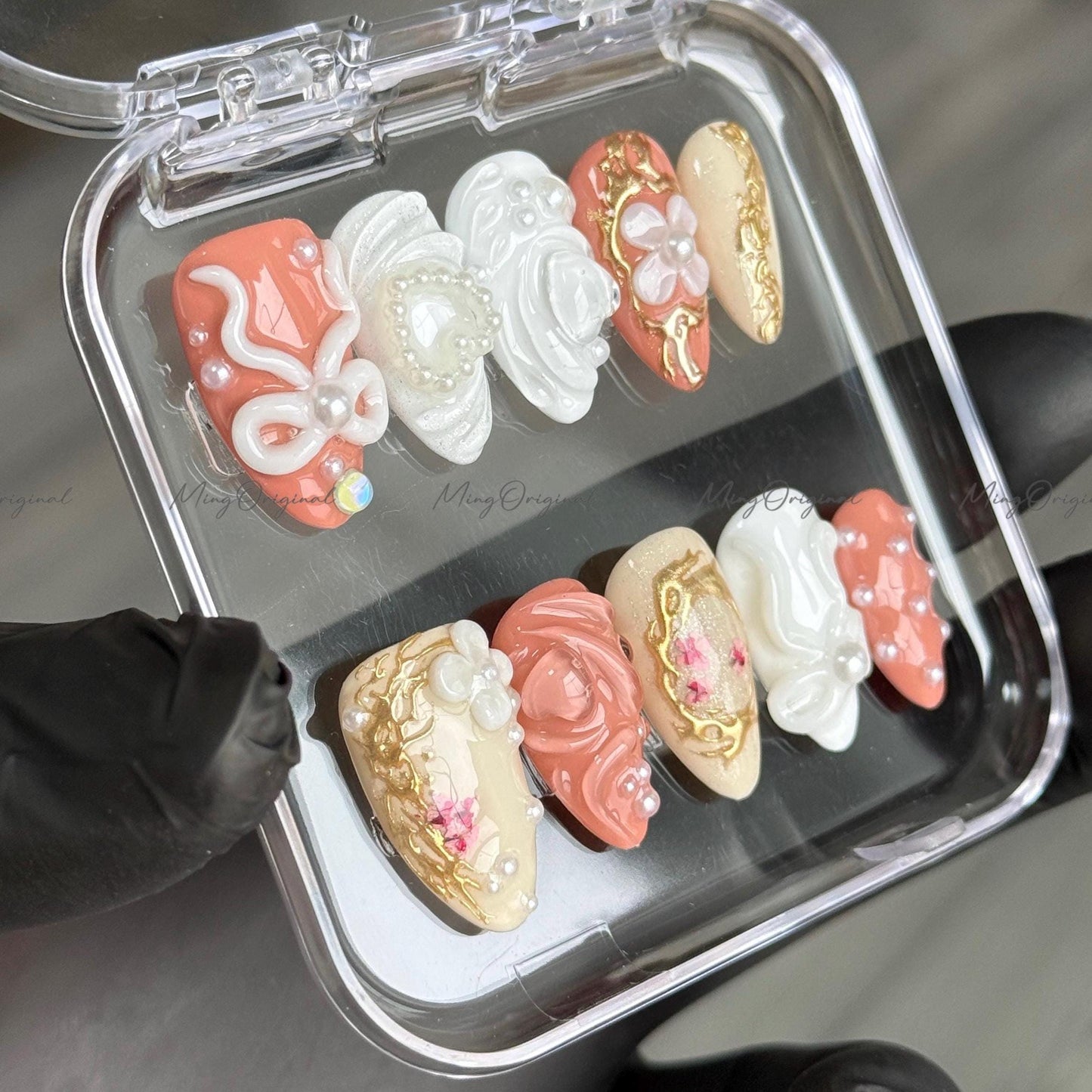 Caramel Bloom | 3D abstract press on nails, pearl accents, gold frame nail art, hand-painted floral details, modern sculptural design,MO489