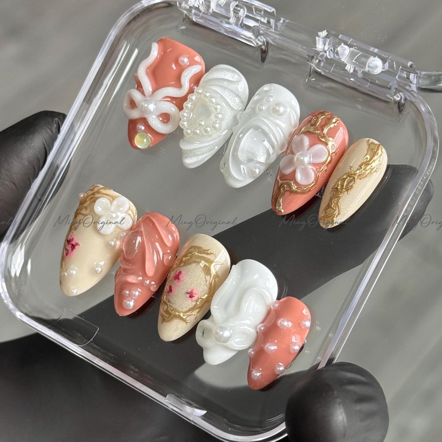 Caramel Bloom | 3D abstract press on nails, pearl accents, gold frame nail art, hand-painted floral details, modern sculptural design,MO489