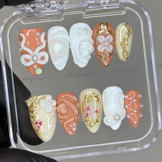 Caramel Bloom | 3D abstract press on nails, pearl accents, gold frame nail art, hand-painted floral details, modern sculptural design,MO489