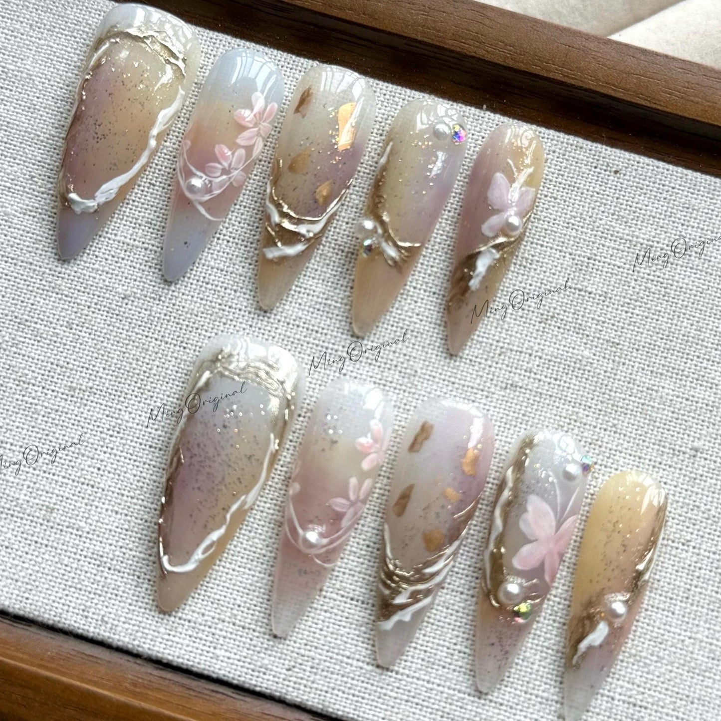 Fairy Bloom floral shimmer press on nails, hand-painted butterfly white flowers soft neutral nails, gold foil accents ethereal design MO518