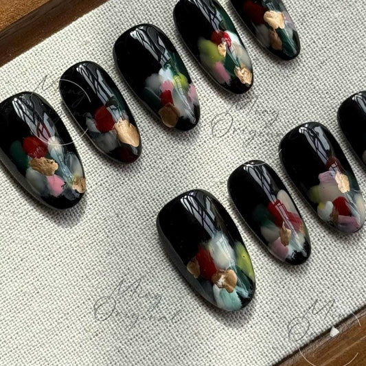 Oil Nocturne | Abstract press on nails, hand-painted black nails with brushstroke art, gold accents, modern artistic design,best gift MO491