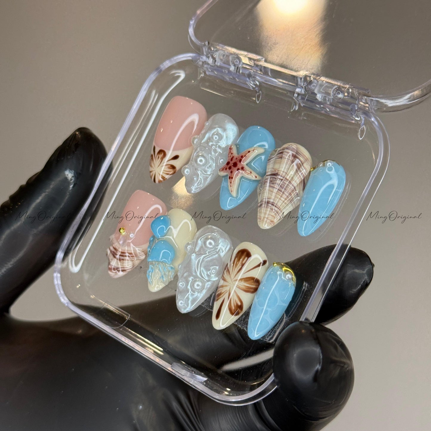 Sandy Shores beach theme press on nails, seashell and starfish, blue ocean pearl jellyfish coastal summer tropical vacation nails, MO520